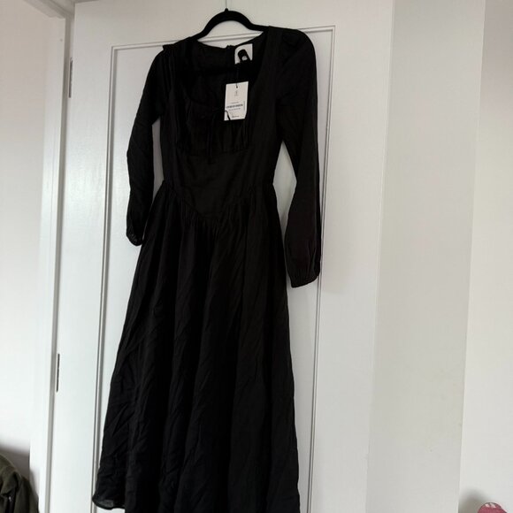 NWT Reformation Oria Midi Dress Sz 0 Black Scoop Neck Basque Waist Long Sleeves - Picture 3 of 11